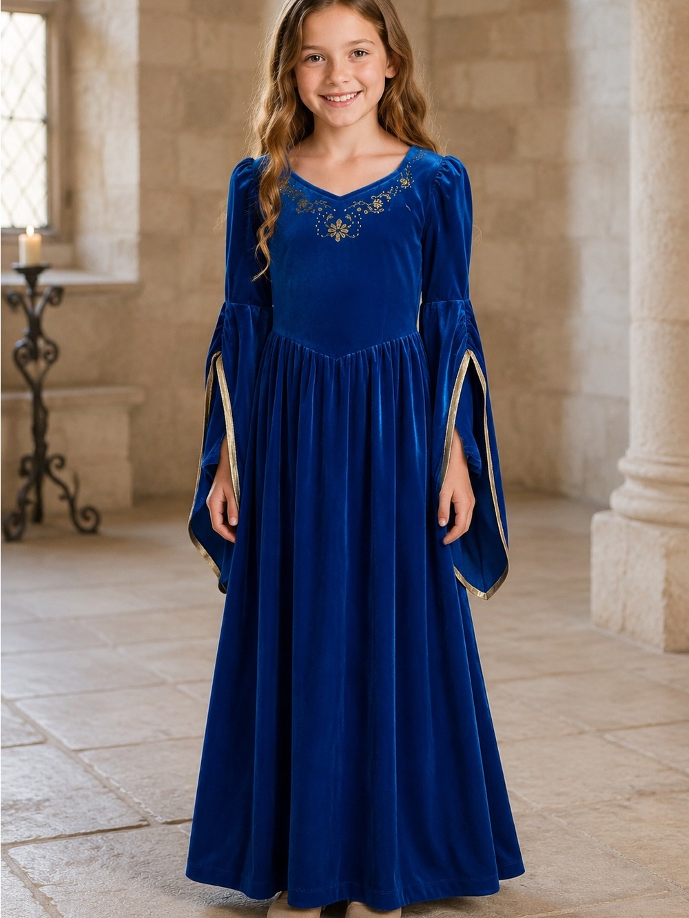 California Costumes Royal Blue Velvet Maiden Dress with Gold Accents